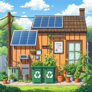 sustainable lifestyle with solar panels, recycling bins, and green plants