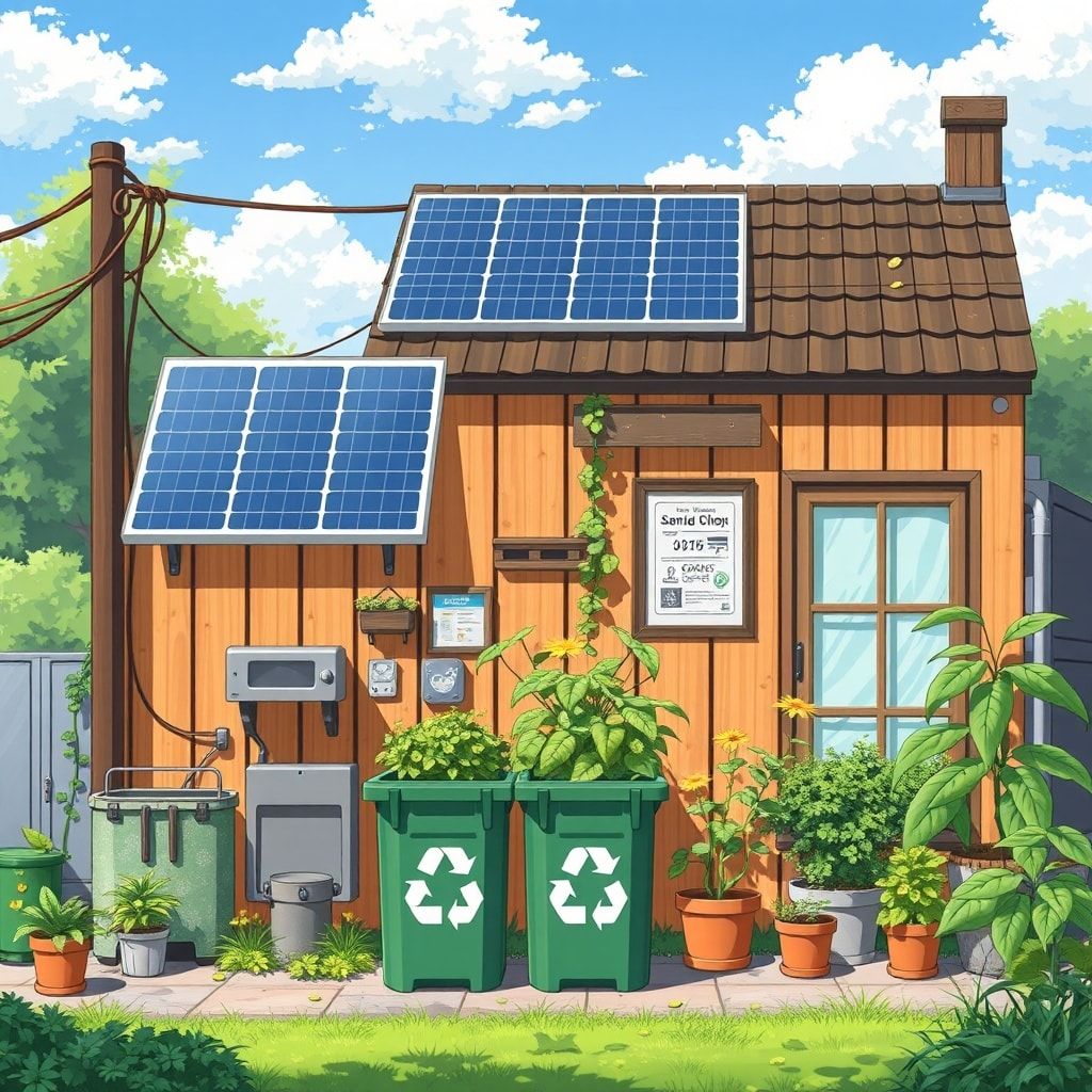 sustainable lifestyle with solar panels, recycling bins, and green plants