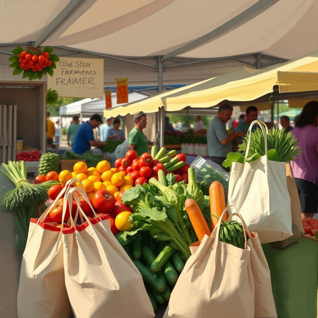 sustainable - local farmers market with fresh produce and reusable bags