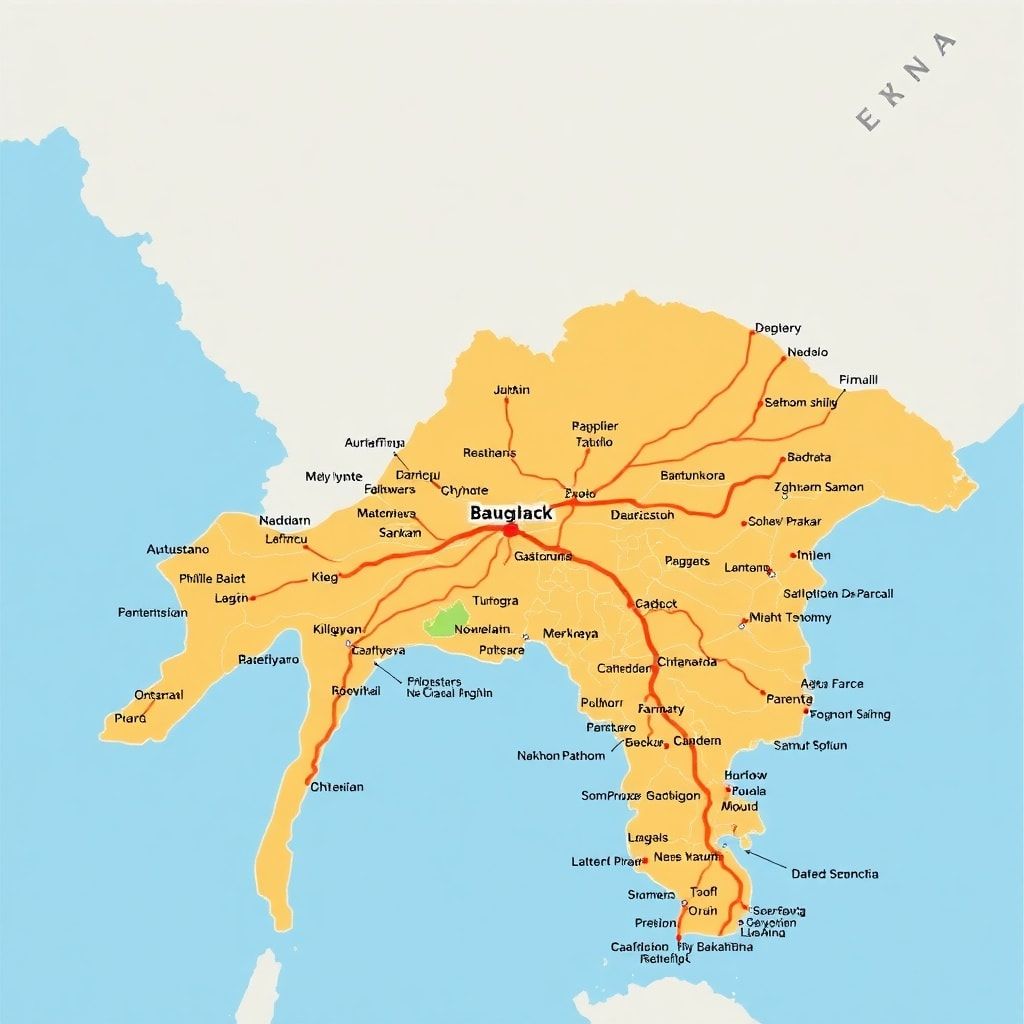 A detailed map highlighting the industrial zones around Bangkok, Ayutthaya, and the surrounding provinces (Samut Prakan, Samut Sakhon, Nakhon Pathom, Pathum Thani). The map should use a modern, clean design with clear labels for key cities and major transportation routes like highways and ports. The focus is on showing the strategic advantage of these locations for manufacturing and logistics. Use a slightly elevated, isometric view to emphasize depth. Bright, clear colors. Day light. Photorealistic.