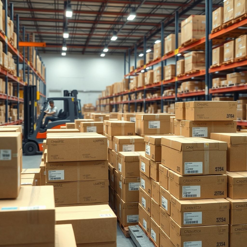 fast - A professional logistics warehouse with stacks of neatly organized corrugated boxes ready for shipment. Forklifts are
