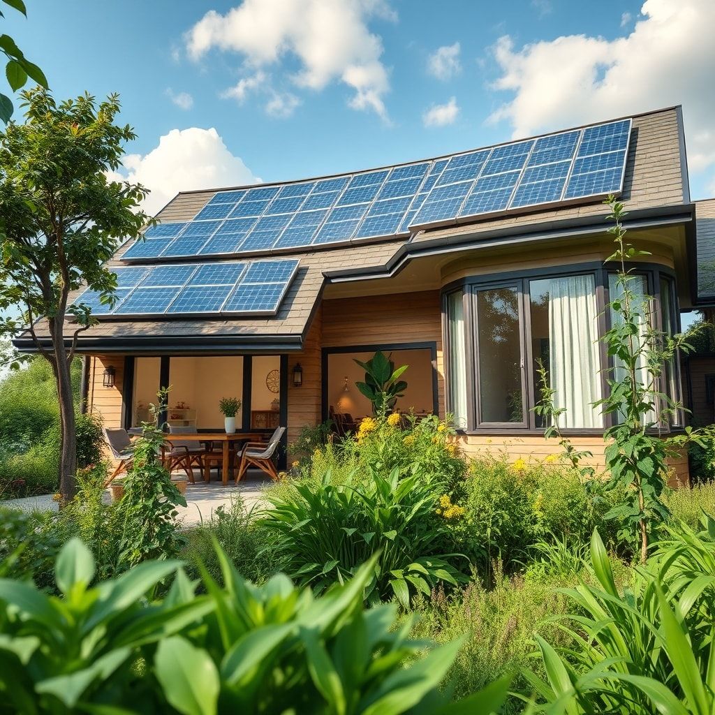 sustainable living in a modern eco-friendly home with solar panels and lush green garden