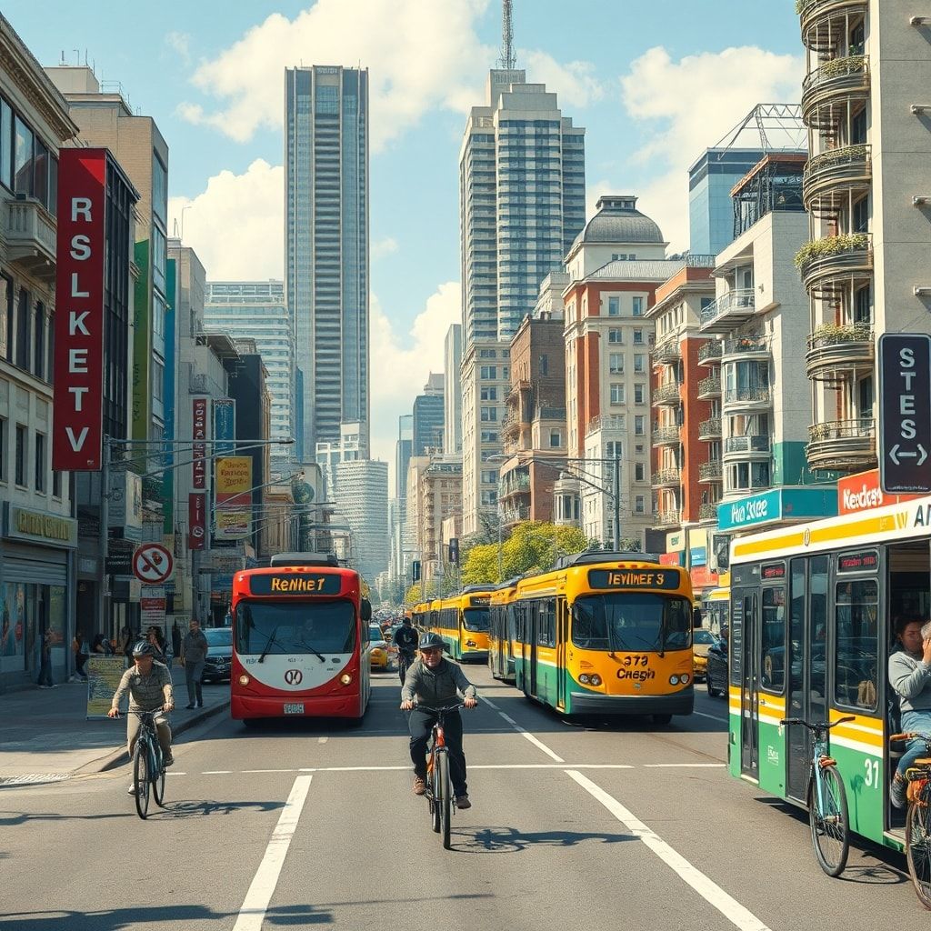 sustainable transportation options like biking and public transportation in a bustling city