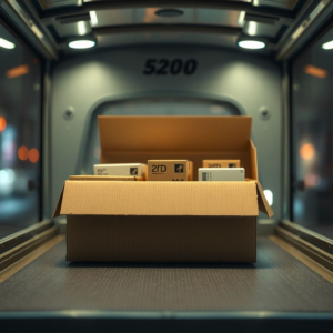 A robust corrugated cardboard box protecting various fragile items during transit in a delivery truck, with a blurred background of city lights, emphasizing safety and reliability. The scene is brightly lit and showcases the box's strong construction, cinematic atmosphere, ultra realistic, highly detailed, 8k quality, photorealistic