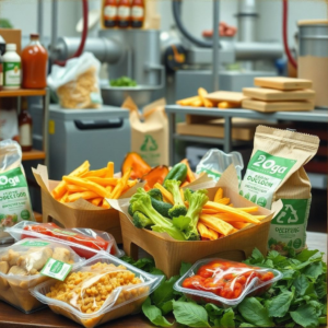 biodegradable packaging materials being used in a food production setting, eco-friendly packaging options for a variety of food products, sustainable packaging solutions for the food industry