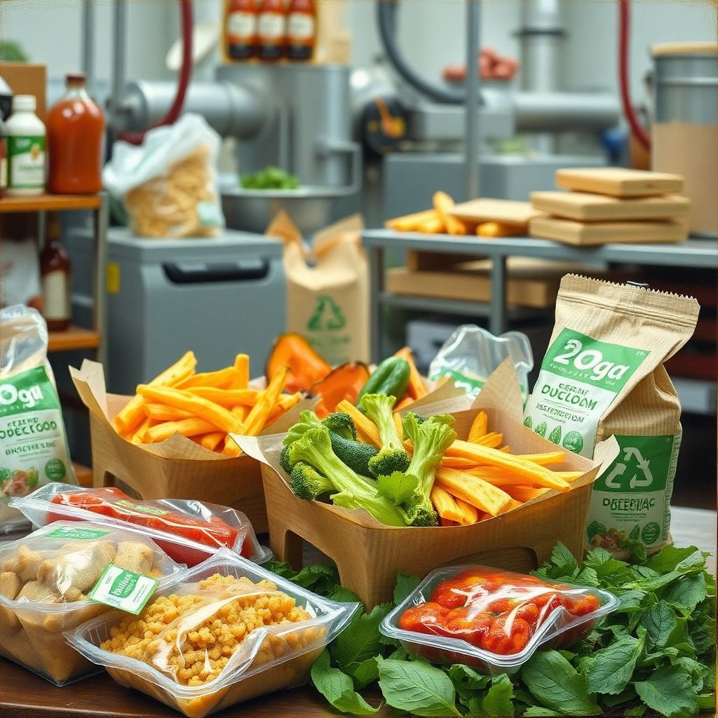 biodegradable packaging materials being used in a food production setting, eco-friendly packaging options for a variety of food products, sustainable packaging solutions for the food industry