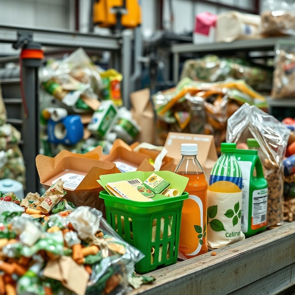 recycled packaging materials being processed in a recycling facility, innovative reusable containers for food products, examp
