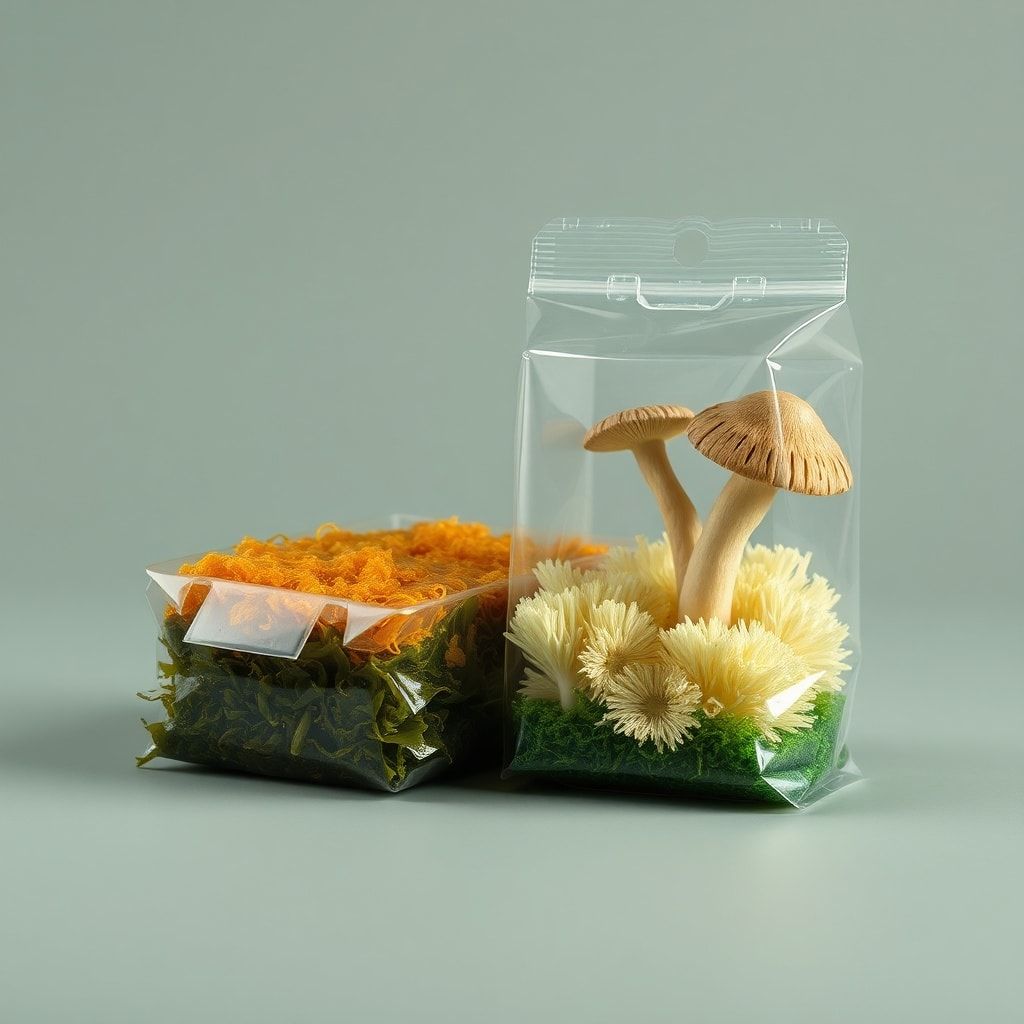 future of sustainable packaging with edible packaging made from seaweed, biodegradable packaging made from mushroom mycelium,