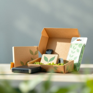 biodegradable paper packaging with electronic devices, eco-friendly materials and sustainable design, modern technology gadgets in green packaging, innovative solutions for electronic device packaging, environmentally friendly packaging materials, recyclable and biodegradable paper packaging