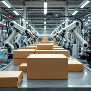 modern cardboard box factory with robotic arms and digital printing machines, eco-friendly packaging materials and biodegradable inks, futuristic smart packaging solutions with IoT technology, sleek and minimalistic packaging designs, advanced automation systems, innovative packaging design trends in Bangkok