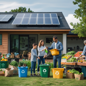 family recycling together in backyard, solar panels on roof of modern house, farmers market with fresh produce and local vendors