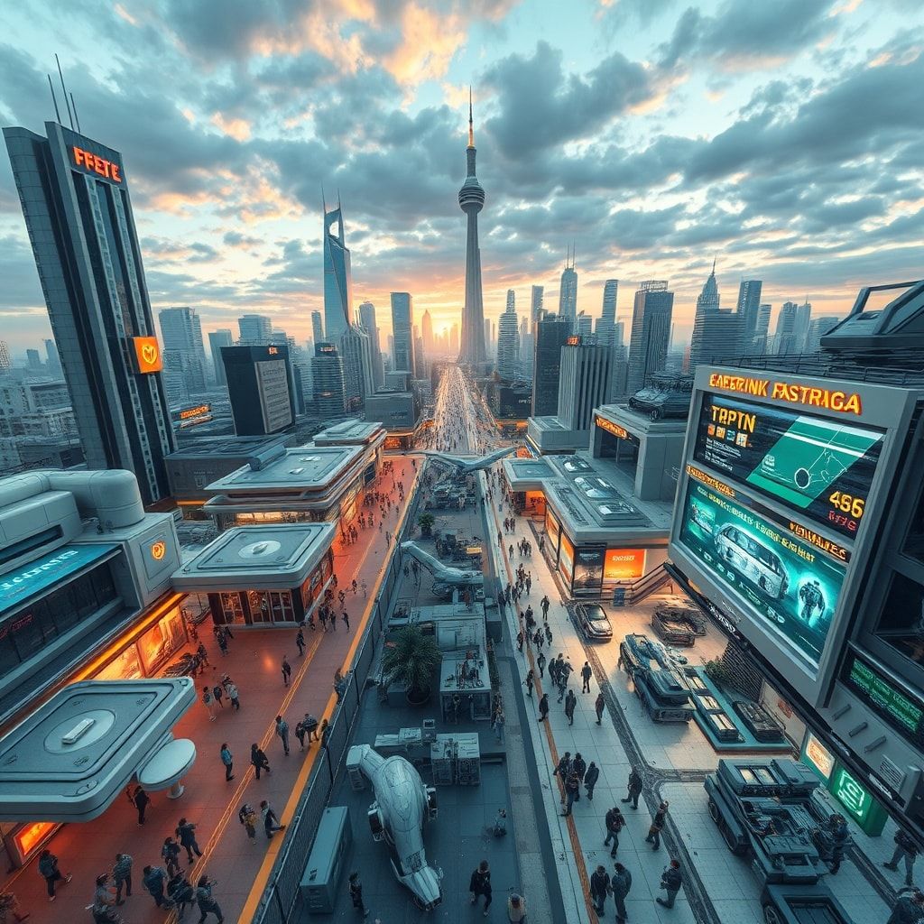 futuristic city skyline with advanced transportation systems, sustainable energy sources, and bustling streets filled with people, high-tech medical facility with state-of-the-art equipment and innovative treatment methods, cutting-edge robotics laboratory with futuristic machines and researchers working on new prototypes