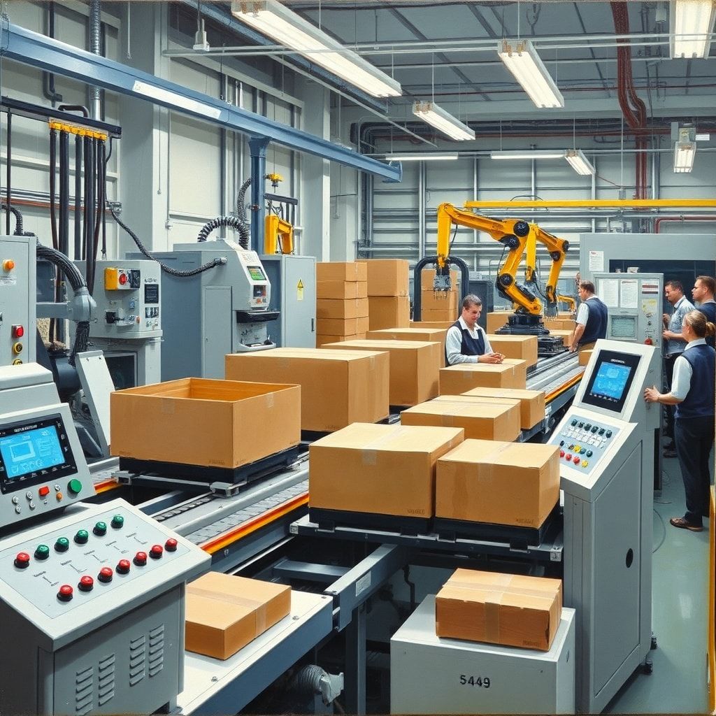 state-of-the-art machinery in a cardboard box factory, automated production line with conveyor belts and robotic arms, high-tech control panel with digital displays and buttons, precision cutting and folding equipment, modern industrial setting with workers monitoring the process