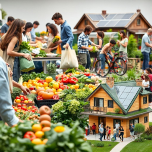 diverse group of people using reusable bags and containers at a farmers market, eco-friendly household items and products made from recycled materials, vibrant community garden with various fruits and vegetables, sustainable transportation options such as bicycles and public transit, solar panels on a rooftop generating clean energy, modern eco-friendly house with green roof and rainwater collection system, diverse group of people participating in a beach clean-up, sustainable living tips infographic with eco-friendly icons and illustrations