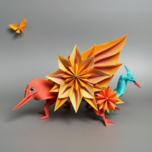 colorful paper origami creations, intricate designs and patterns, vibrant and eye-catching, artistic and detailed