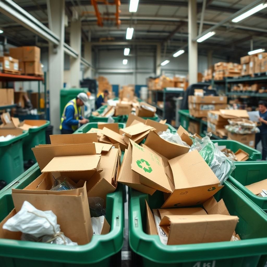recycling program collection bins filled with cardboard boxes, recycling facility workers sorting and processing recyclable m