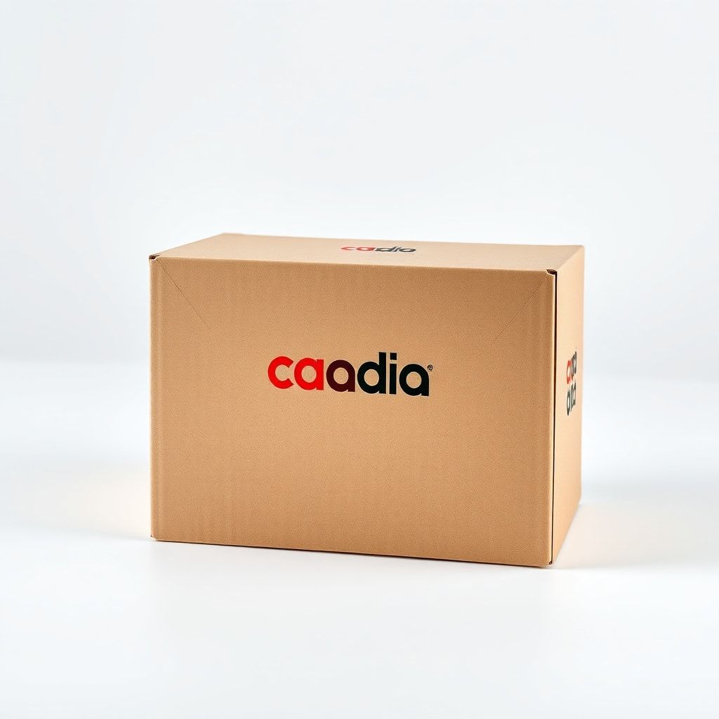 A beautifully designed corrugated cardboard box with a modern, minimalist logo and vibrant brand colors, resting on a clean white surface. The box has a premium matte finish, suggesting high quality. Soft studio lighting, ultra realistic, highly detailed, 8k quality, photorealistic, product photography style