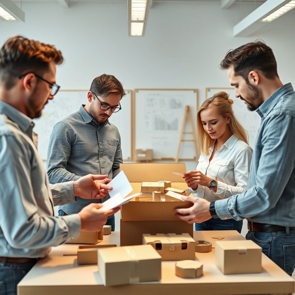A creative design team collaborating on a corrugated box packaging project in a modern, brightly lit studio. They are looking