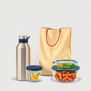 reusable shopping bags, stainless steel water bottle, glass food containers
