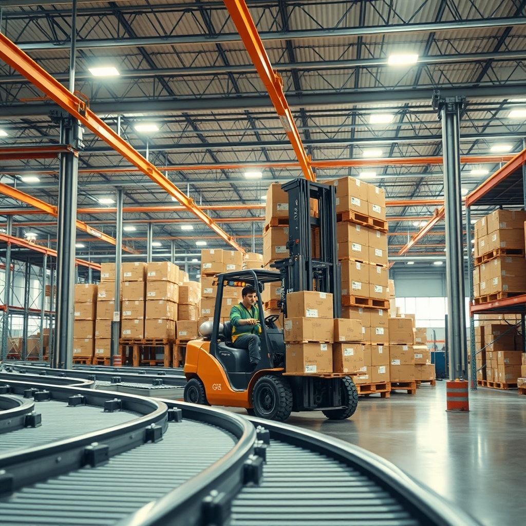 A modern logistics warehouse with automated systems, conveyor belts moving various sized corrugated boxes, a forklift operator efficiently stacking pallets of boxes, bright, clean environment, focus on speed and technology, warm natural sunlight, cinematic atmosphere, ultra realistic, highly detailed, 8k quality, photorealistic