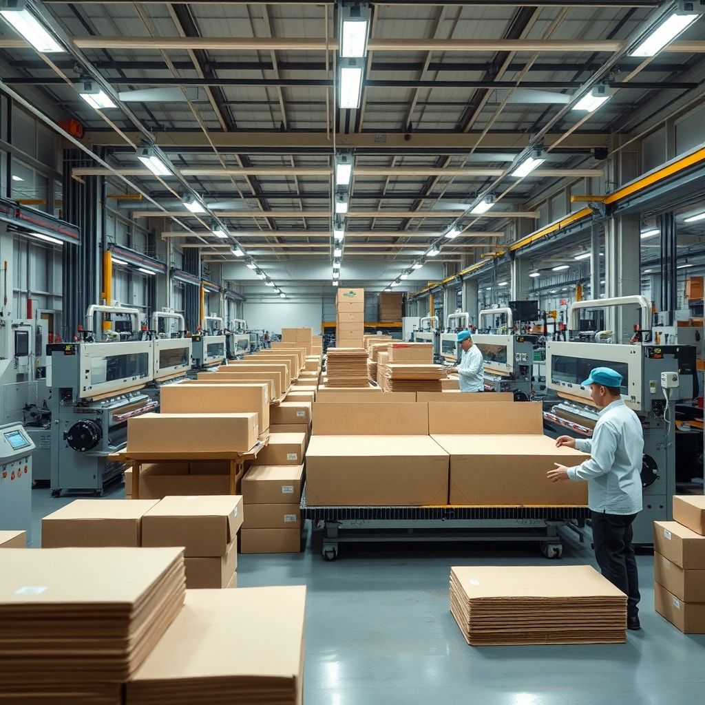 bangkok - Inside a modern corrugated box manufacturing plant, large industrial machines cutting and folding cardboard sheets,