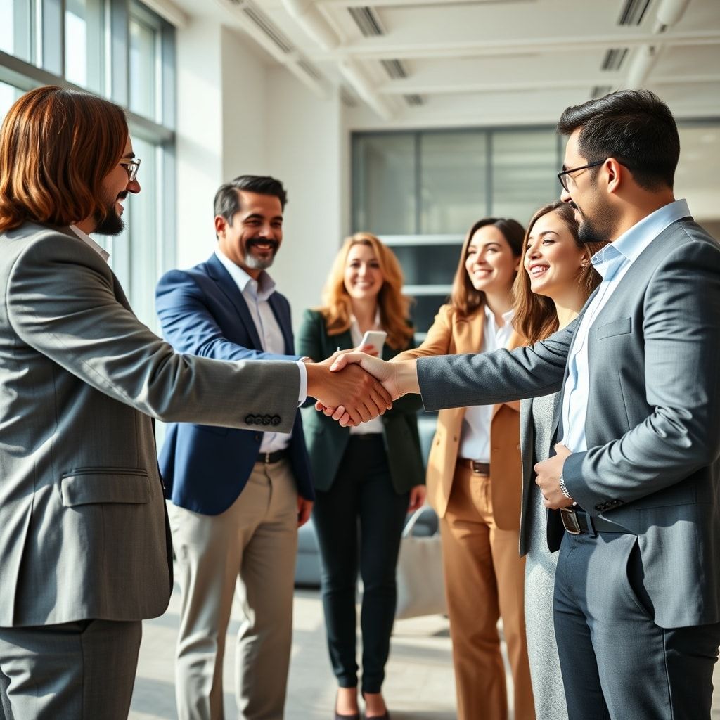bangkok - A diverse group of business professionals shaking hands in a modern, sunlit office, symbolizing strong partnerships