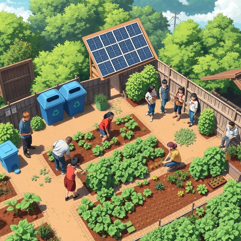 sustainable living community garden with diverse group of people planting vegetables, using solar panels, and recycling bins