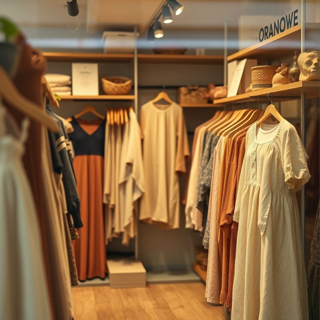 sustainable fashion store showcasing eco-friendly clothing made from organic materials, with recycled packaging and fair trad