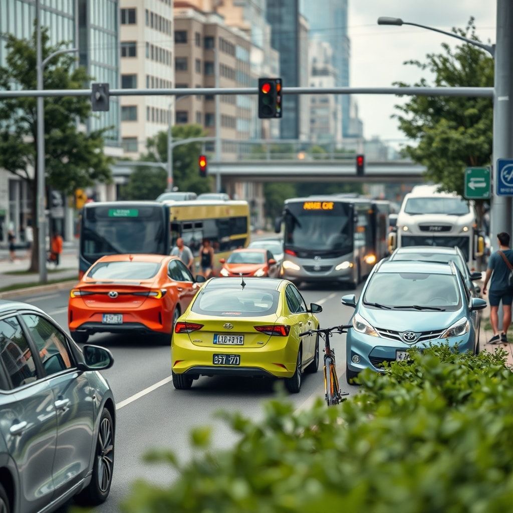 sustainable transportation options including electric cars, bicycles, and public transportation, with green city infrastructu