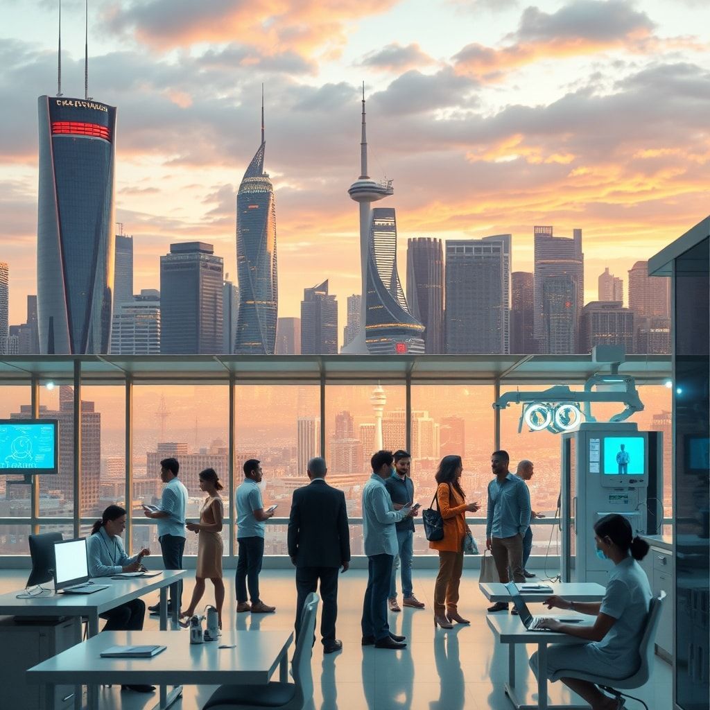 futuristic city skyline with advanced technology and sustainable buildings, diverse group of people collaborating in a modern office space, innovative healthcare technology in a hospital setting