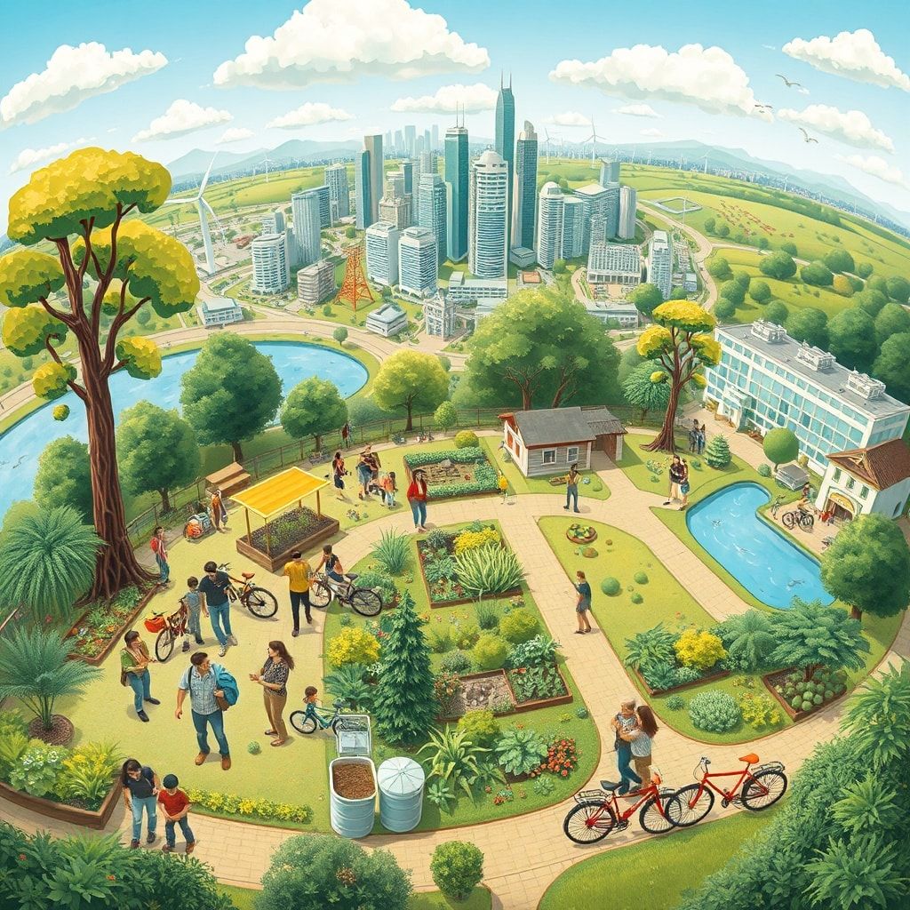 sustainable lifestyle with greenery, eco-friendly products, and renewable energy sources, diverse group of people engaging in eco-friendly activities, vibrant community garden with compost bins and recycling stations, modern city skyline with green buildings and clean energy initiatives, peaceful nature landscape with clean water and blue skies, sustainable transportation options like bicycles and electric vehicles, happy family enjoying a sustainable lifestyle, colorful and educational infographic on eco-friendly practices