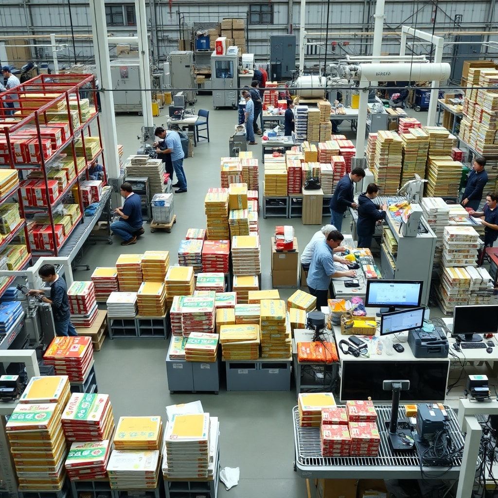 busy packaging factory floor with workers operating machinery, colorful packaging materials stacked neatly on shelves, fast-paced assembly line with products moving along conveyor belts, team of workers inspecting finished packaging for quality control, modern packaging design station with computers and creative tools