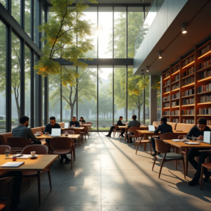 modern office with glass walls and people working on laptops, cozy Italian café terrace with coffee cups and notebooks, peaceful city park with green trees and stone pathways, minimalist living room interior with sunlight through large windows, futuristic AI holographic brain with neon lights, university library with tall bookshelves and students studying, warm natural sunlight, cinematic atmosphere, ultra realistic, highly detailed, 8k quality, photorealistic
