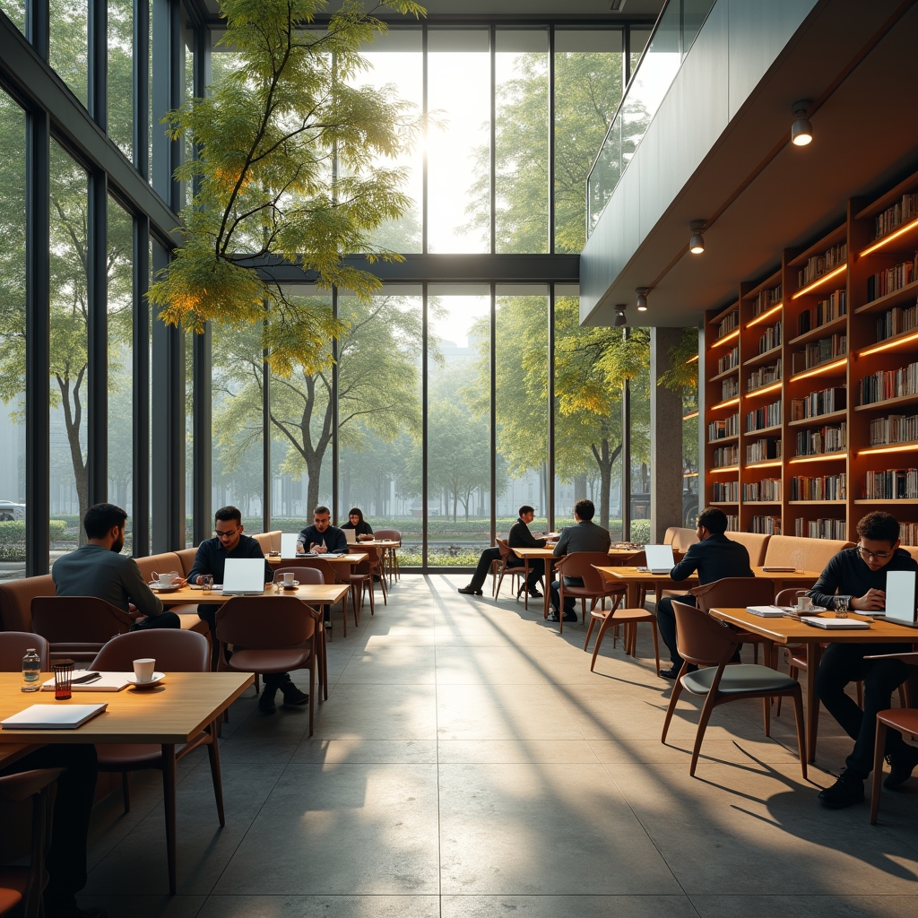 modern office with glass walls and people working on laptops, cozy Italian café terrace with coffee cups and notebooks, peaceful city park with green trees and stone pathways, minimalist living room interior with sunlight through large windows, futuristic AI holographic brain with neon lights, university library with tall bookshelves and students studying, warm natural sunlight, cinematic atmosphere, ultra realistic, highly detailed, 8k quality, photorealistic