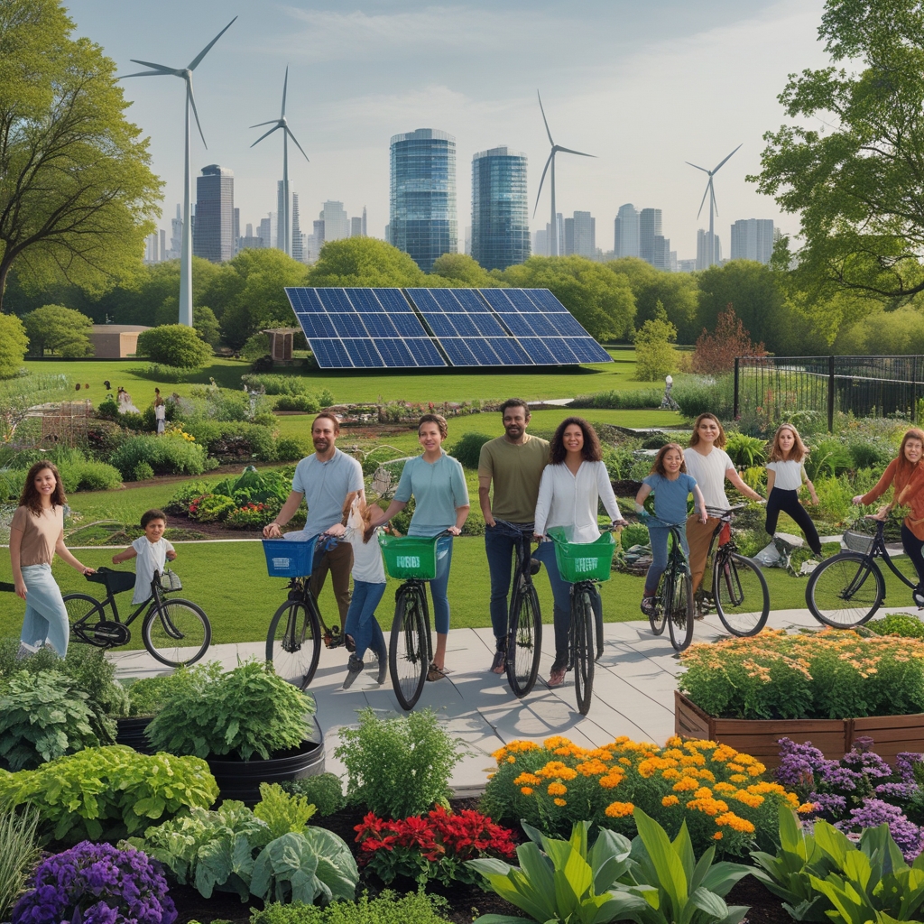 sustainable living in action, family recycling together, community garden with diverse plants and flowers, solar panels on a