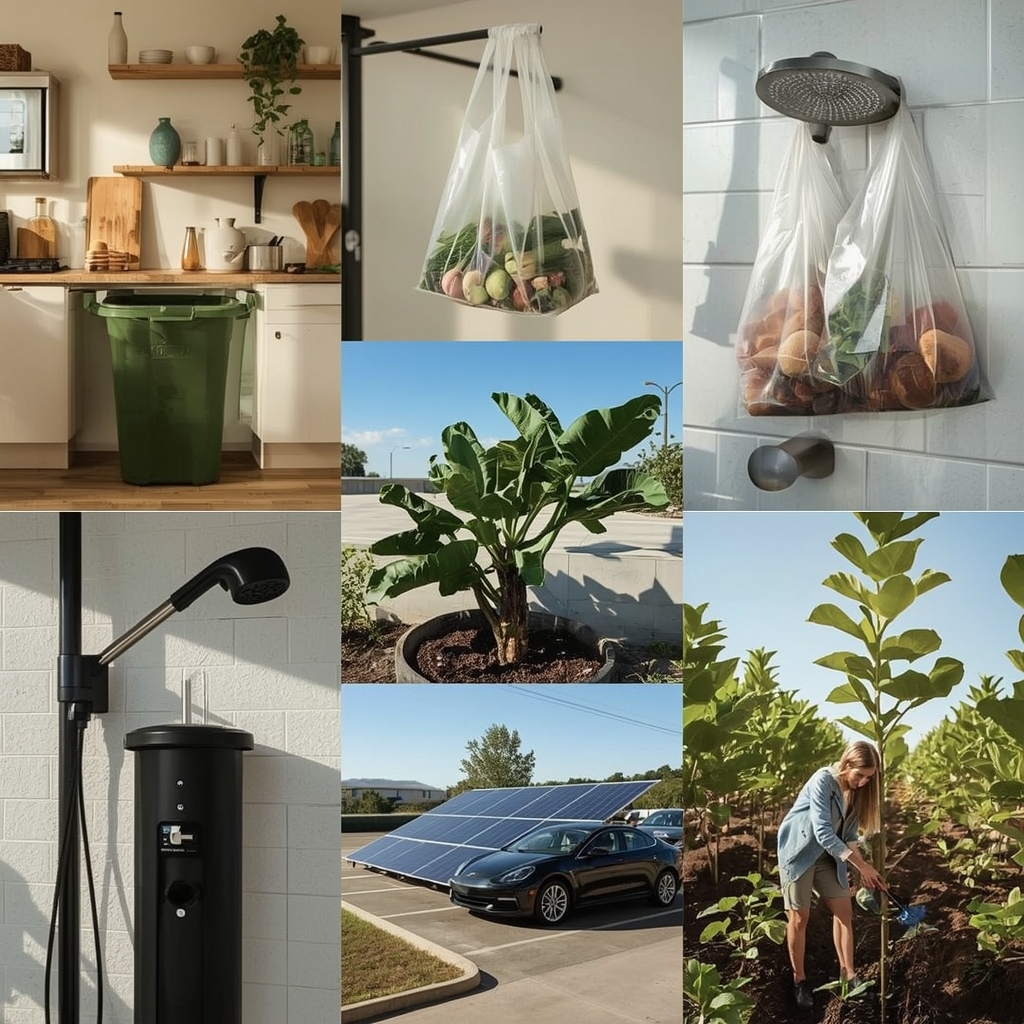 sustainable living practices, compost bin in a kitchen, reusable shopping bags and produce bags, water-saving showerhead, ele