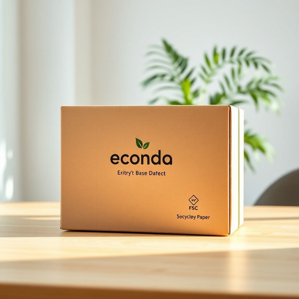 A beautifully designed eco-friendly corrugated box with a minimalist aesthetic, featuring a company logo printed with soy-based ink. The box is made from recycled paper and has an FSC certification label. It's placed on a light wooden table in a brightly lit, modern studio setting, with a green plant in the background, conveying sustainability and quality. Warm, natural light, high detail, photorealistic.