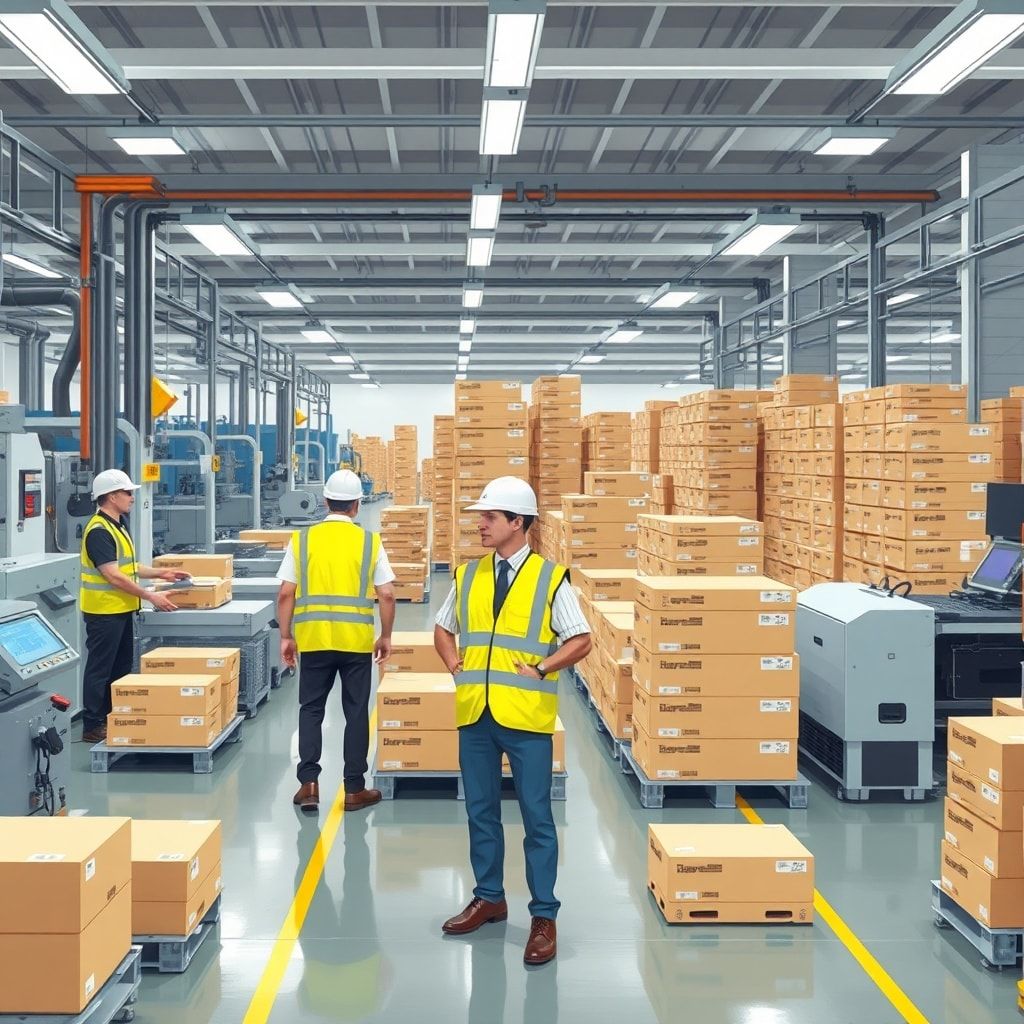A busy, modern factory floor with advanced machinery producing corrugated boxes. Workers in safety vests are overseeing the p