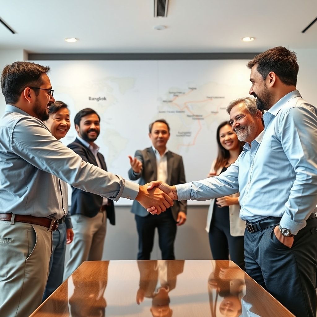 A diverse group of business owners and a factory representative shaking hands in front of a map showing Bangkok and surroundi
