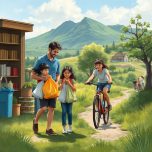 family recycling at home, using reusable bags at grocery store, biking on a scenic trail