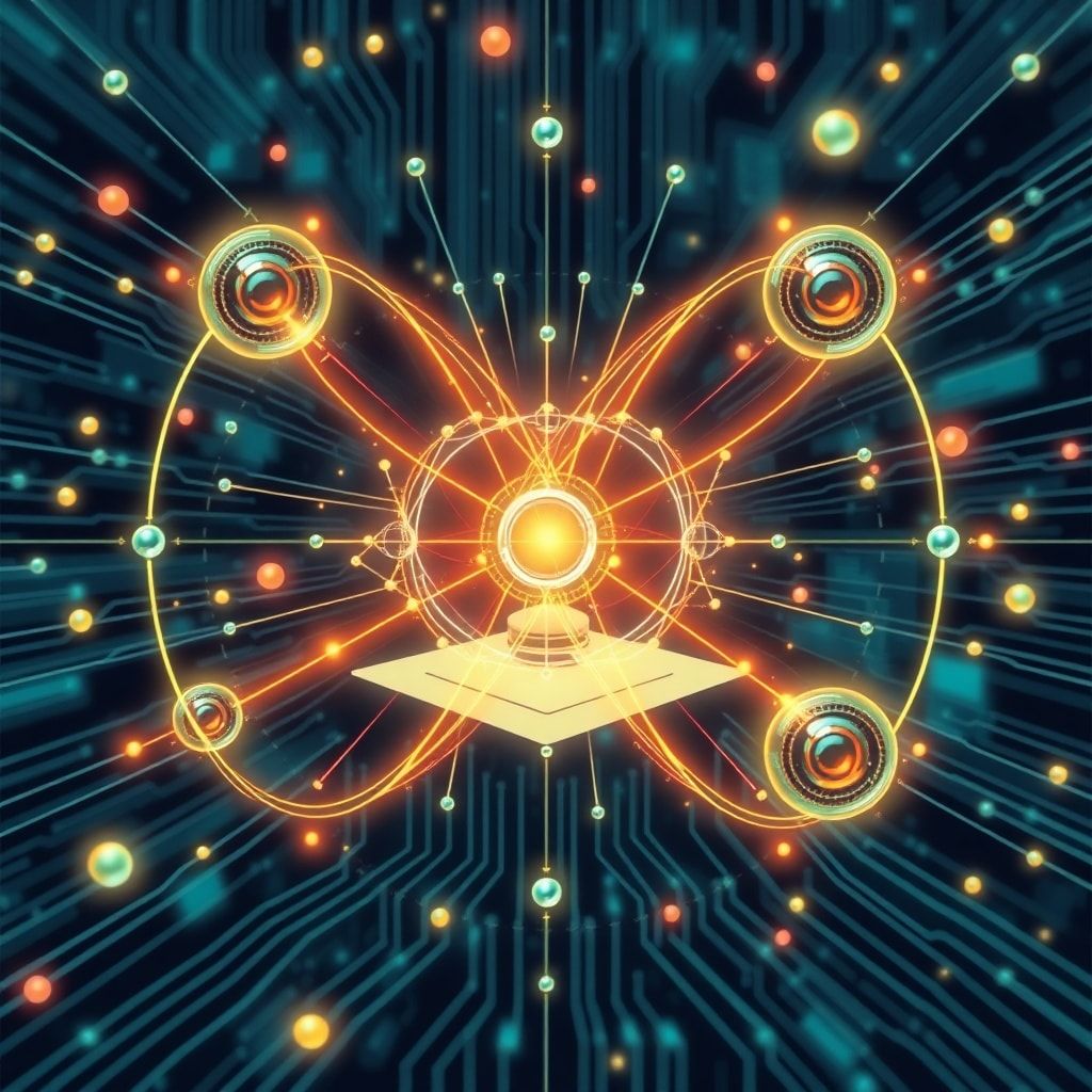 innovations - Quantum computing illustration, futuristic technology, qubits processing complex data, superposition and entang