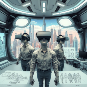 virtual reality studio with actors wearing VR headsets, CGI rendering of a futuristic cityscape, detailed storyboard sketches, high-tech casting agency office