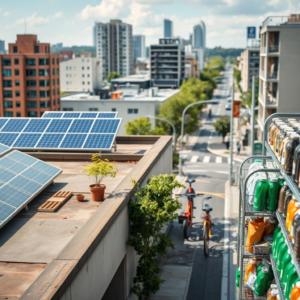 renewable energy sources like solar panels on a rooftop, sustainable transportation like bicycles on a city street, eco-friendly products with minimal packaging on a store shelf