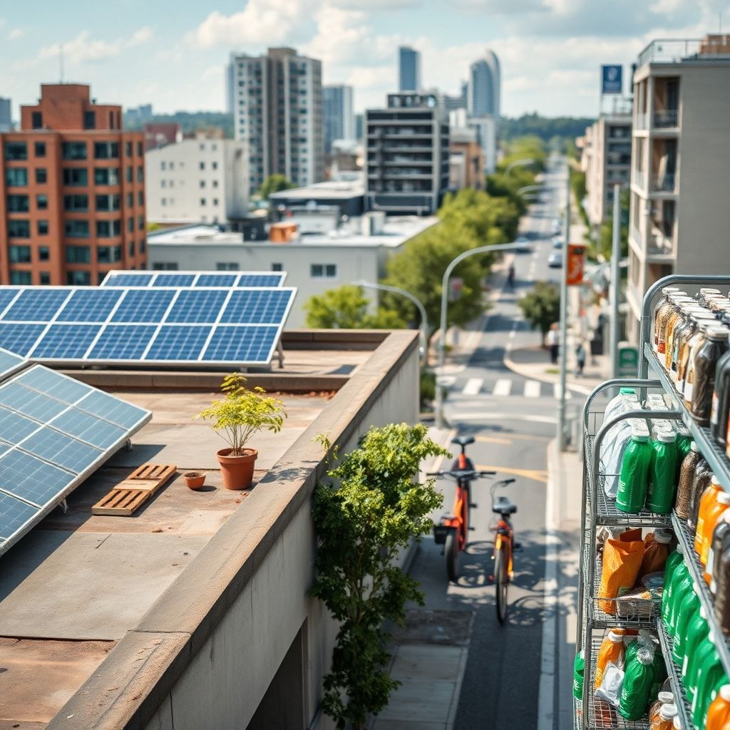 renewable energy sources like solar panels on a rooftop, sustainable transportation like bicycles on a city street, eco-friendly products with minimal packaging on a store shelf