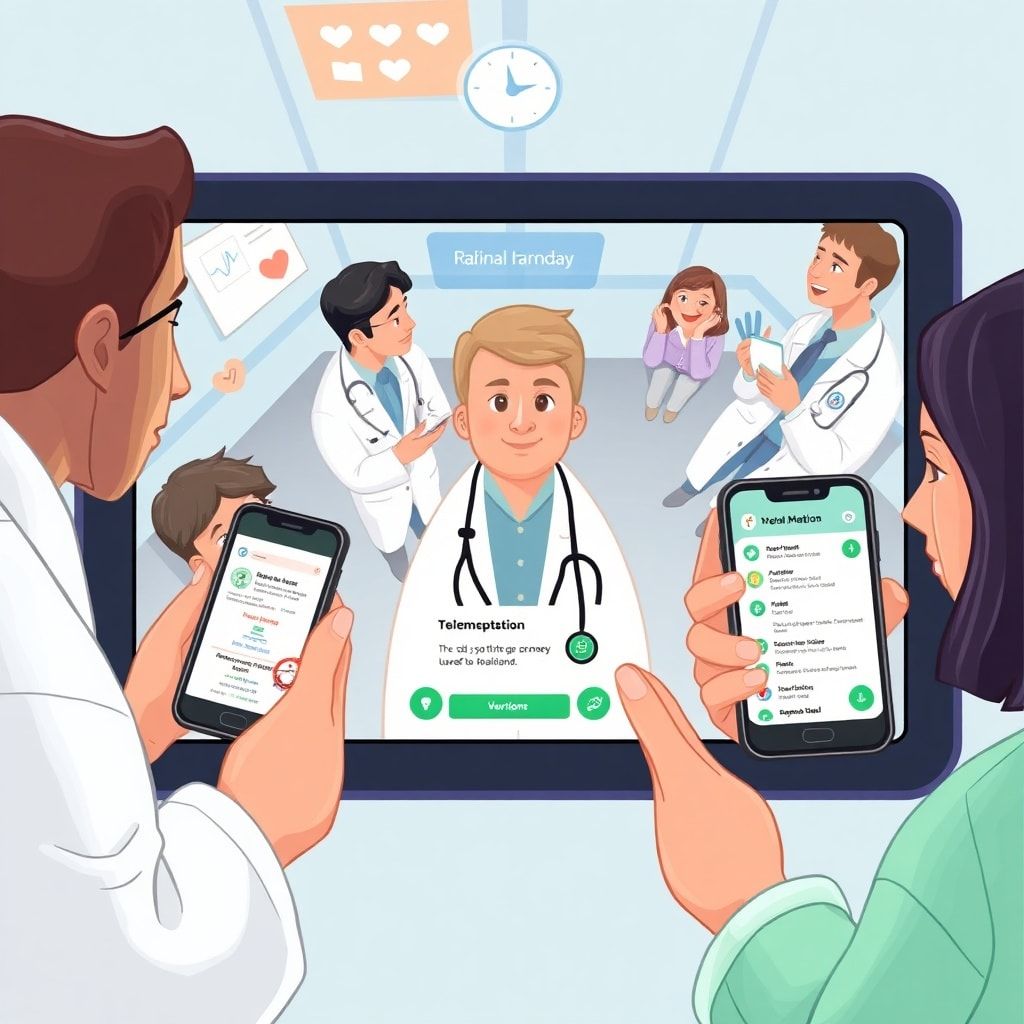 telemedicine technology connecting patients and doctors remotely, diverse patients using smartphones for virtual consultations, digital healthcare app interface with medical records and prescription details