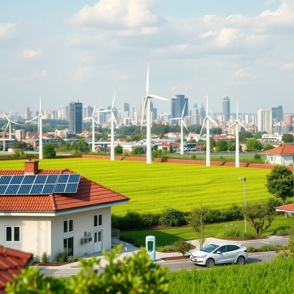 latest - solar panels on rooftops generating clean energy, wind turbines in a green field producing renewable electricity, el