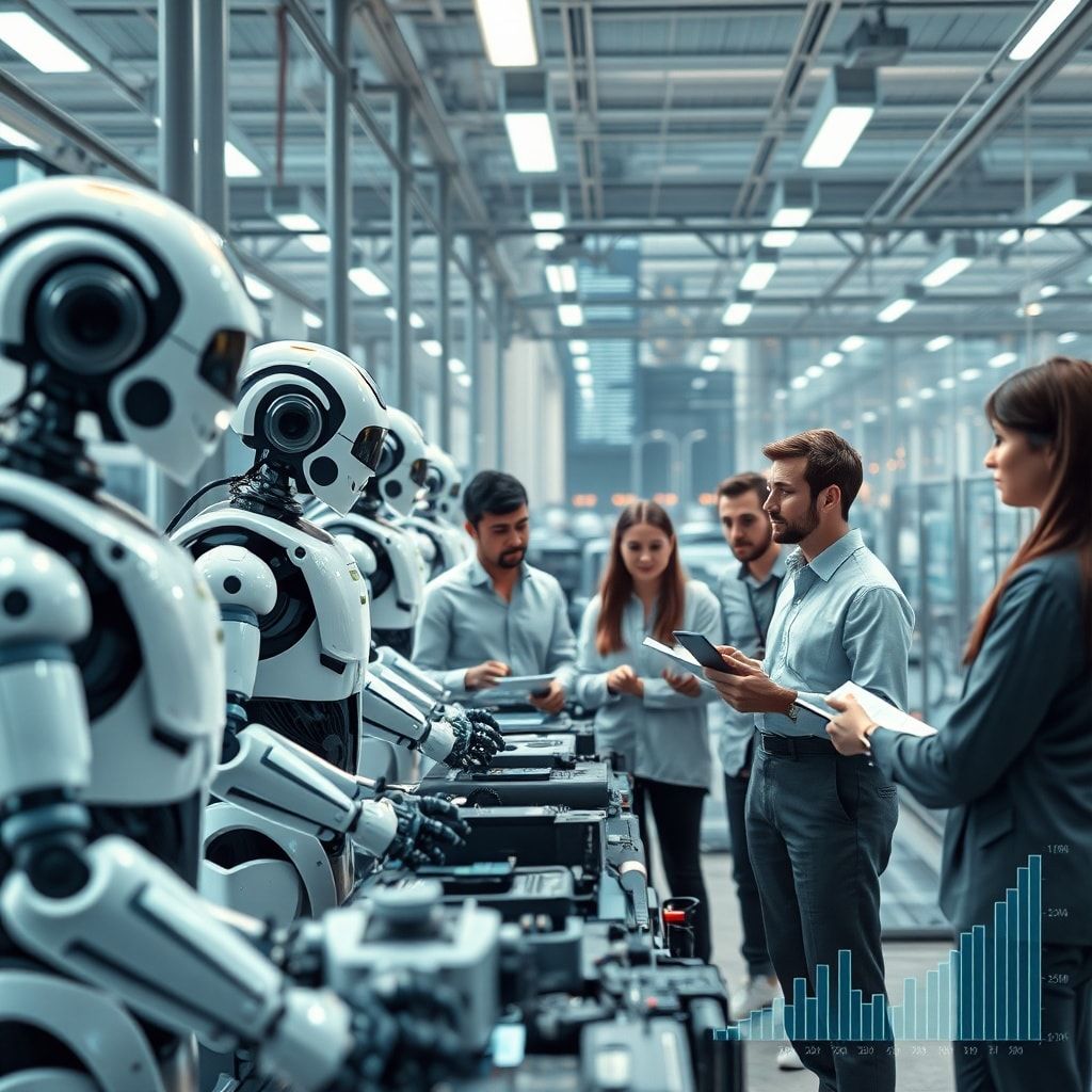 latest - AI-powered robots in a modern factory assembly line, diverse team of professionals brainstorming ideas in a high-tec