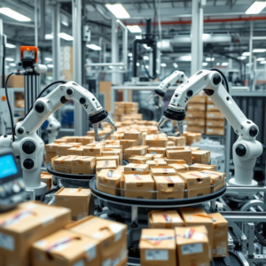 state-of-the-art automated packaging system in a busy factory setting, with robotic arms sorting and packaging products efficiently, futuristic technology, precision engineering, high-speed operation