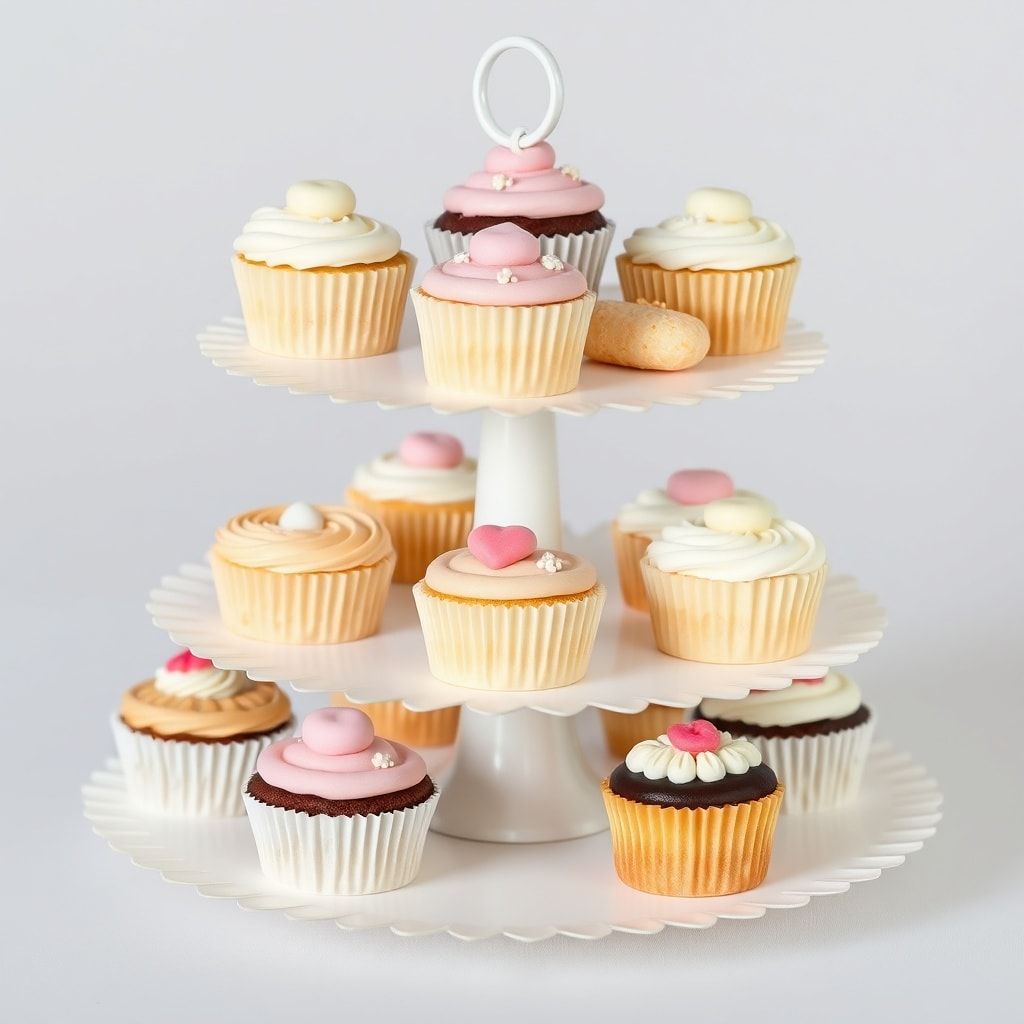 elegant dessert display with cupcakes, cookies, and mini cakes, beautifully decorated and arranged on a 3-tier paper cupcake stand, perfect for weddings, birthdays, and other special occasions