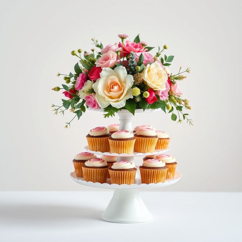 creative - floral arrangement holder with fresh flowers and greenery, beautifully displayed on a 3-tier paper cupcake stand,